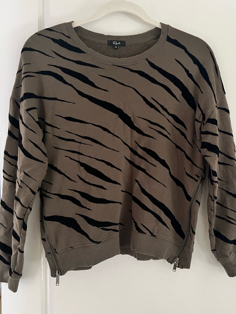 Rails Olive and Black Tiger-Print Crewneck Sweater with Side Zips